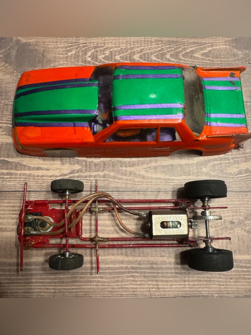 Vintage Kids Toy Slot Car Body - Orange & Green Racing Shell